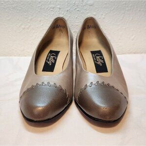 Vintage Selby Womens Size 6.5 Two Tone Leather Pumps Stitched Toe Cap Block Heel